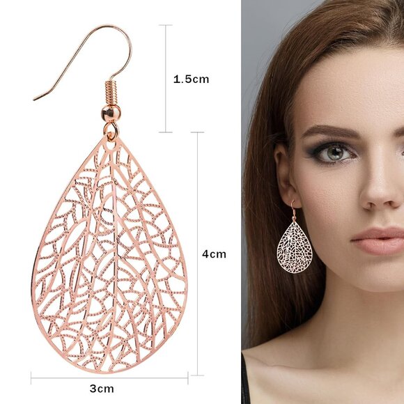 Women's Rose Gold Teardrop Plated Leaf Handmade Filigree Drop Dangle Earrings - Picture 2 of 7